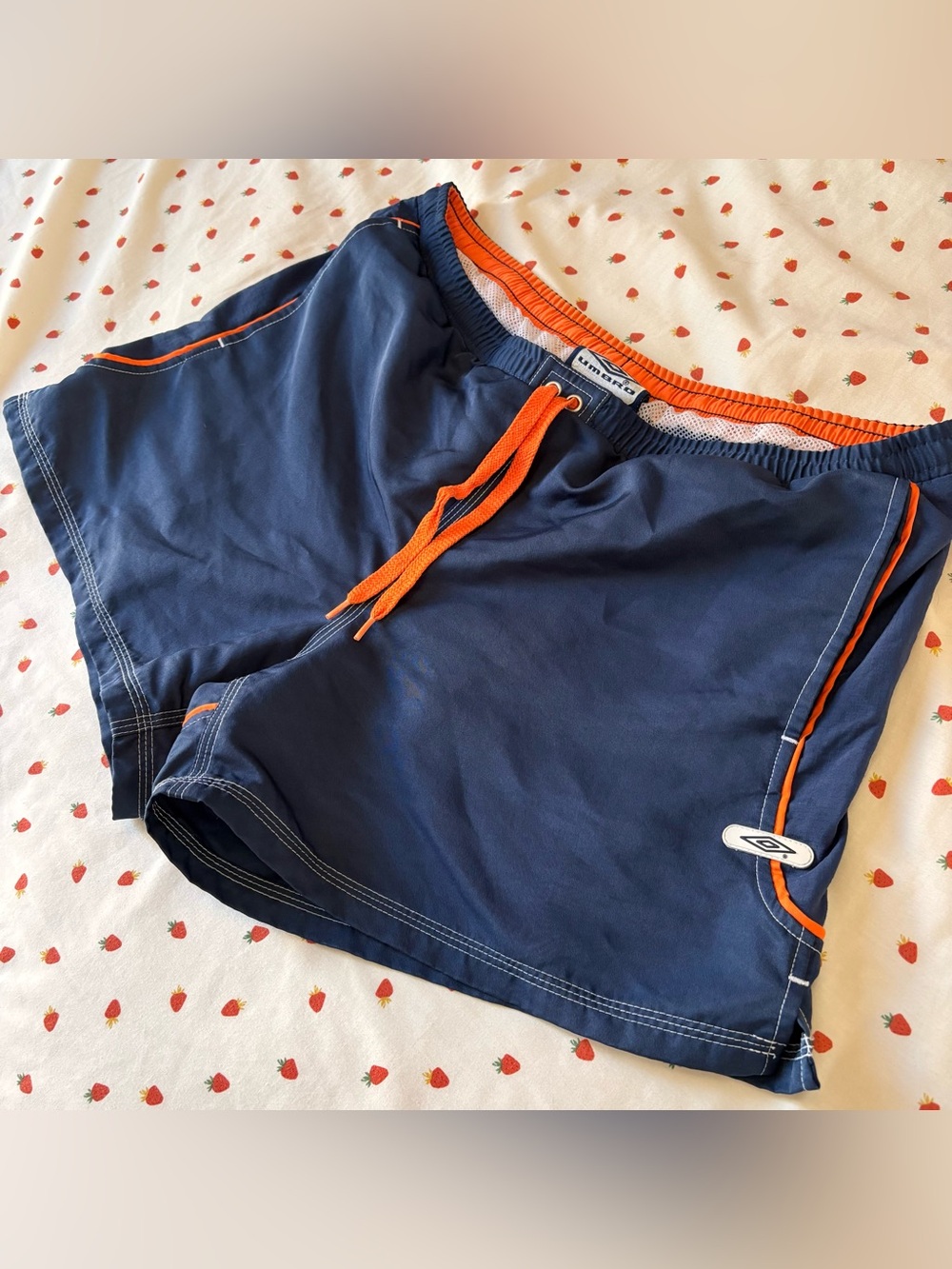 Vintage Umbro Navy Swim Trunks with Orange Drawstring & Stripes Women’s M